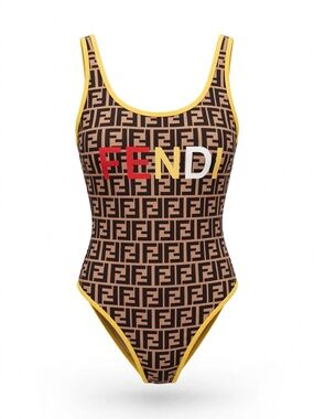 FF STYLE  Follow Brown & Yellow Logo One-Piece Swimsuit